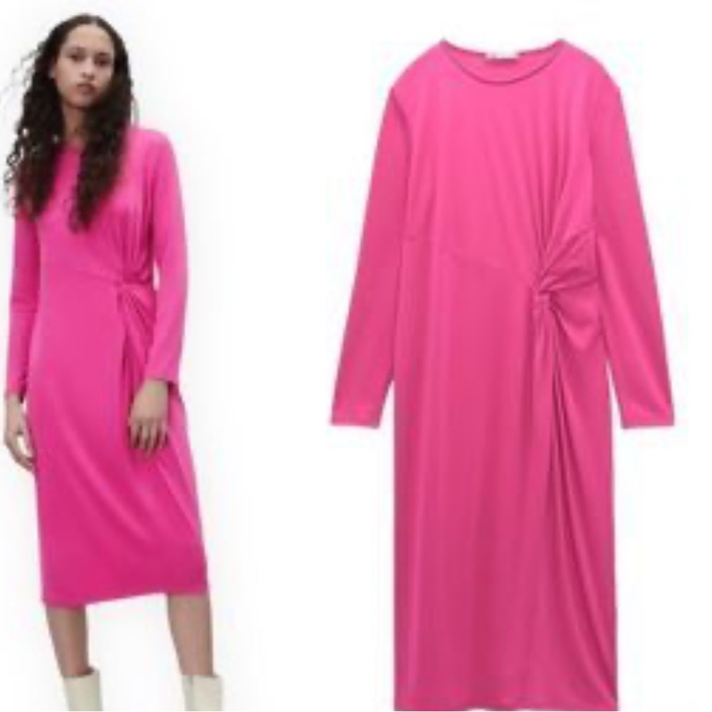 ZARA Long Sleeve Midi Dress with Front Ruching Knot in Hot Pink NEW Sz. Large